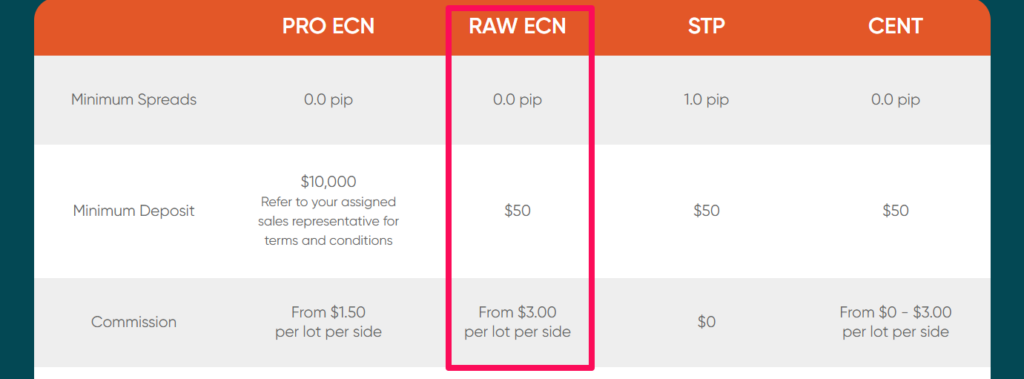Vantage Markets Account Types and Features Raw ECN Account 