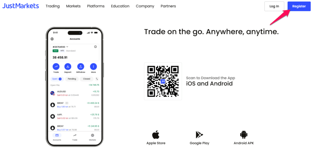 How to open a JustMarkets Account step 1